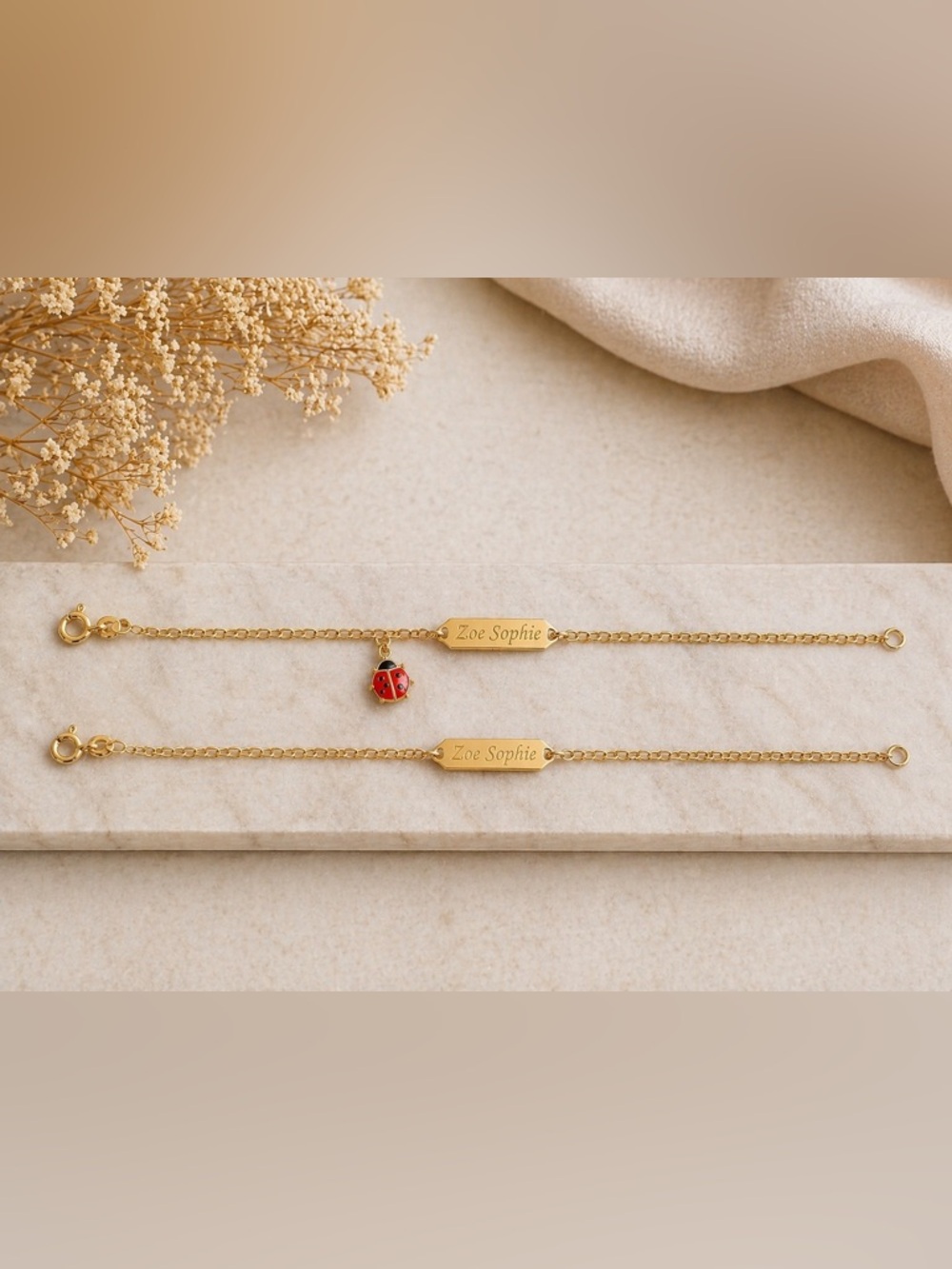 SOLD.  2 Pc 10K Gold Kids ID Bracelet Bundle Ladybug Charm Personalized